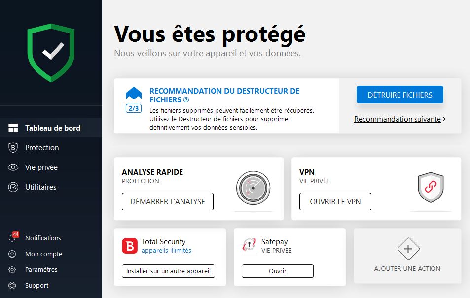 Tableau de bord Bitdefender